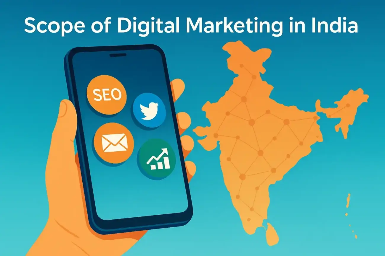 Smartphone with marketing icons over an India map illustrating the scope of digital marketing in India