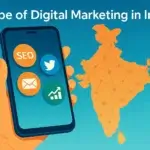 Smartphone with marketing icons over an India map illustrating the scope of digital marketing in India