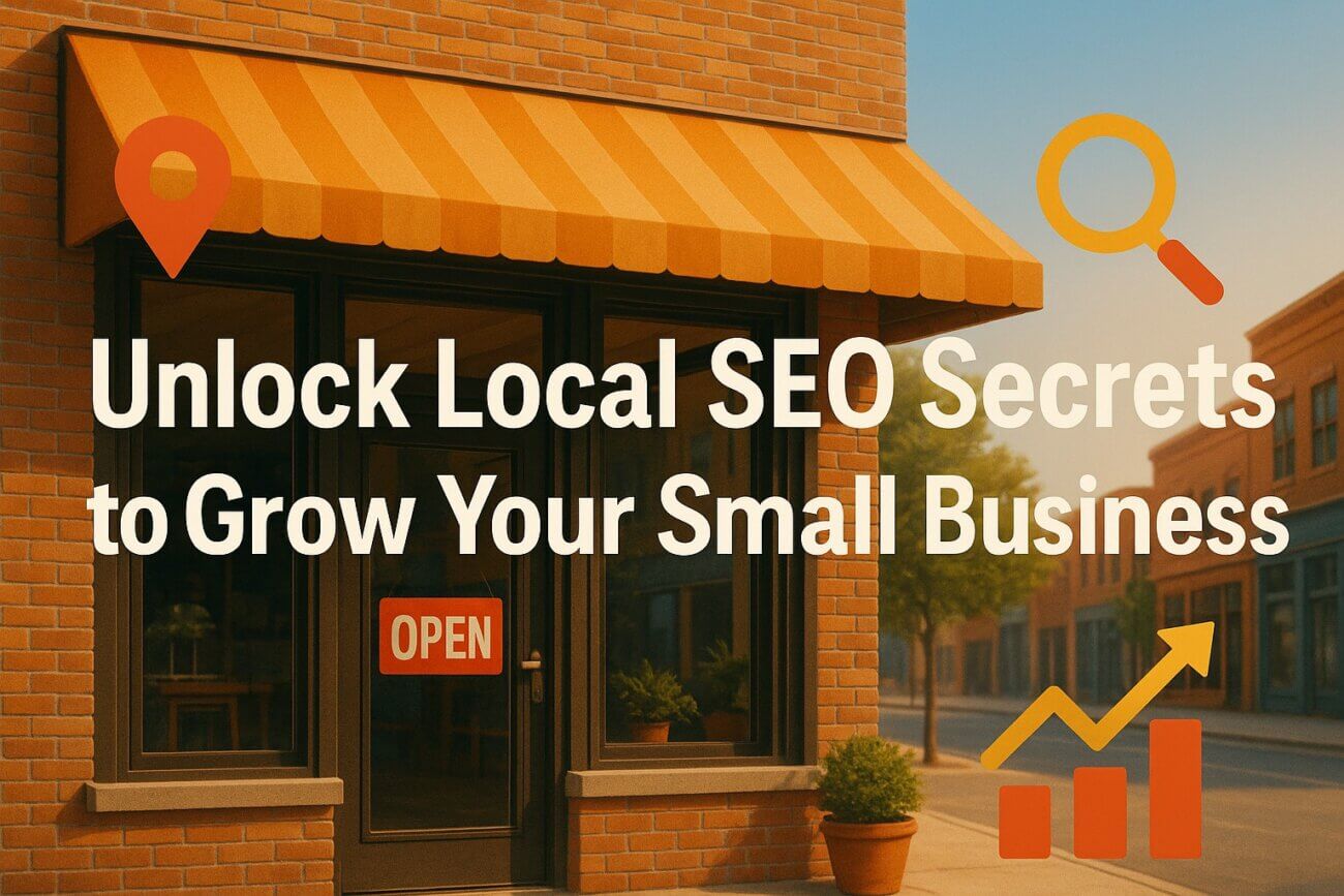 Vibrant modern storefront on a sunny corner with digital icons, illustrating “Unlock Local SEO Secrets to Grow Your Small Business.”