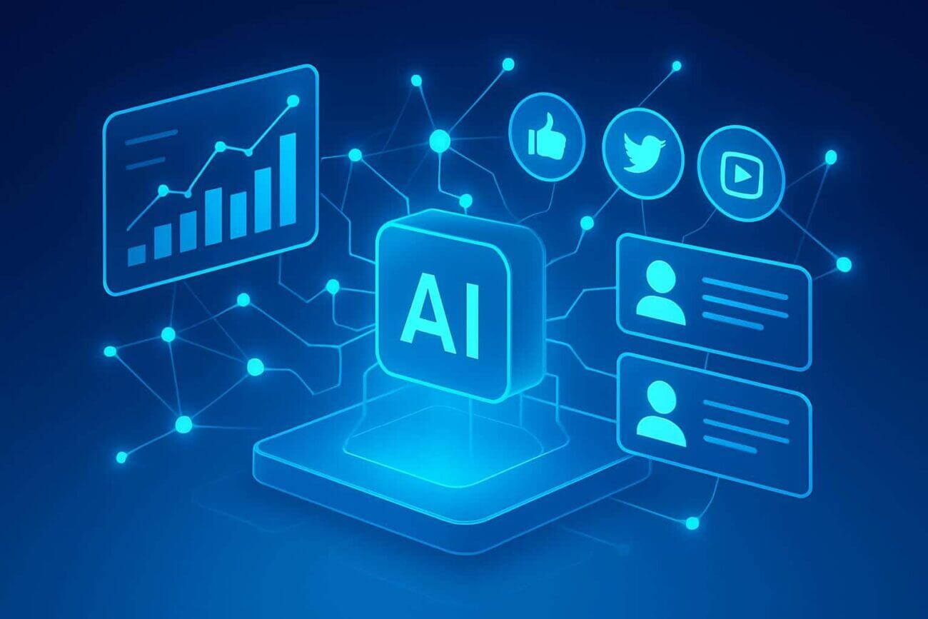 Illustration of How AI is Shaping the Future of Digital Marketing with data analytics, personalized user interfaces, and automated marketing tools